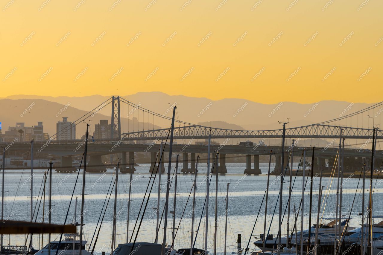 Ponte Hercílio Luz ao amanhecer: Vista impressionante em Florianópolis, Santa Catarina