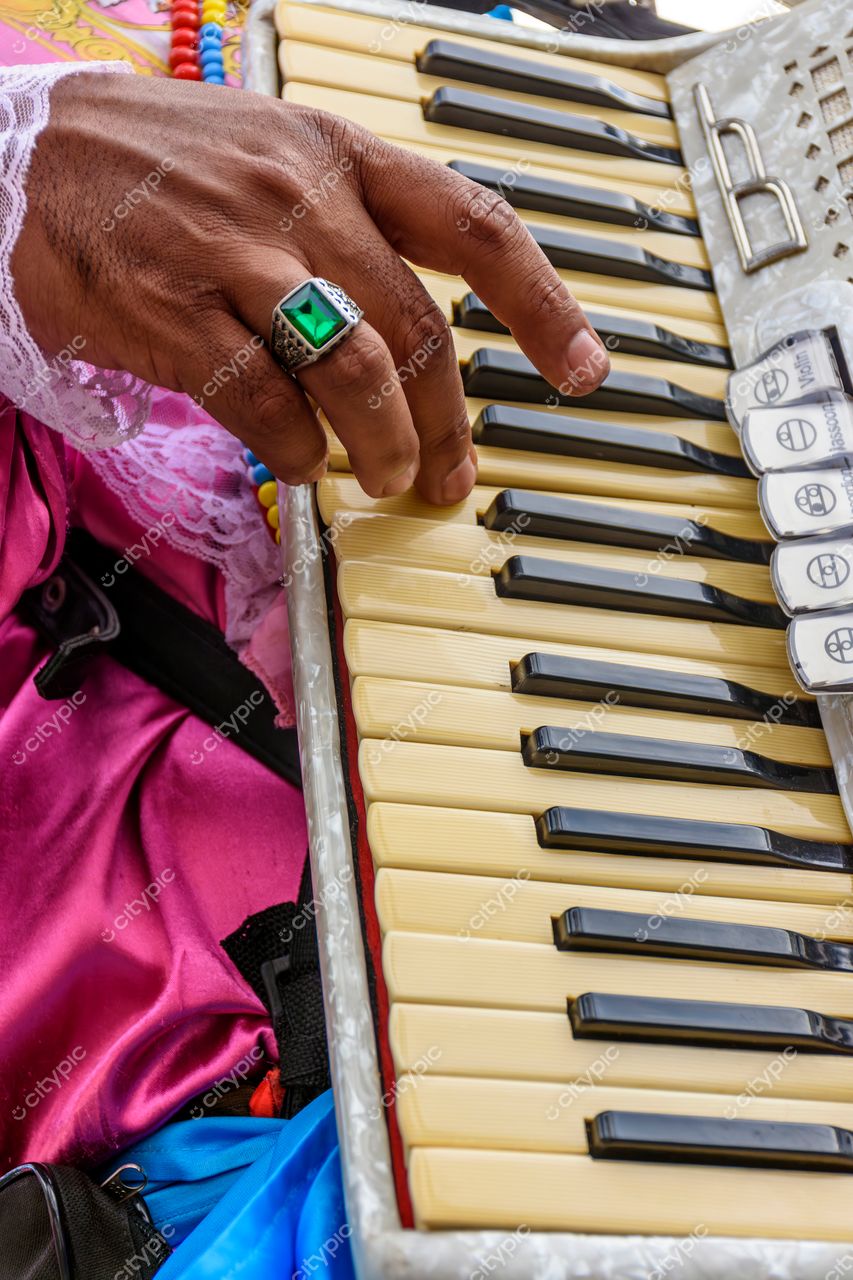 Acordeonista em Destaque: Músico tocando teclado de acordeão em Belo Horizonte, Minas Gerais, Brasil