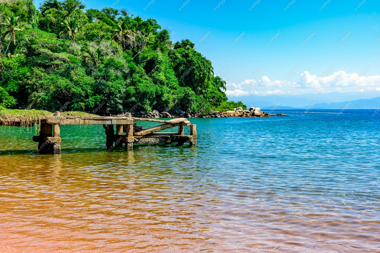 Píer de madeira em águas cristalinas: cena costeira na Ilha Grande, Angra dos Reis, Rio de Janeiro