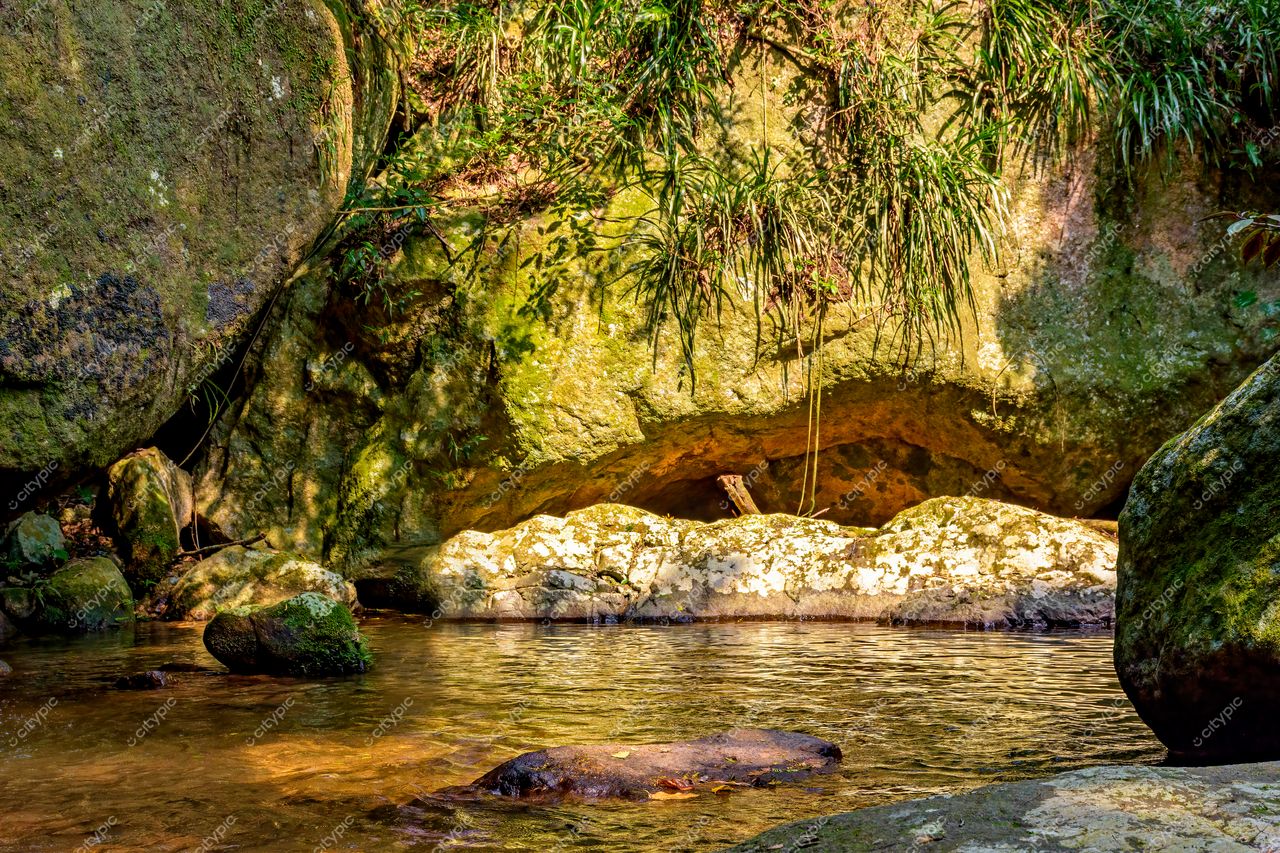 Ilhabela, São Paulo: Cenário sereno de rochas cobertas de musgo e vegetação refletindo na água calma do riacho