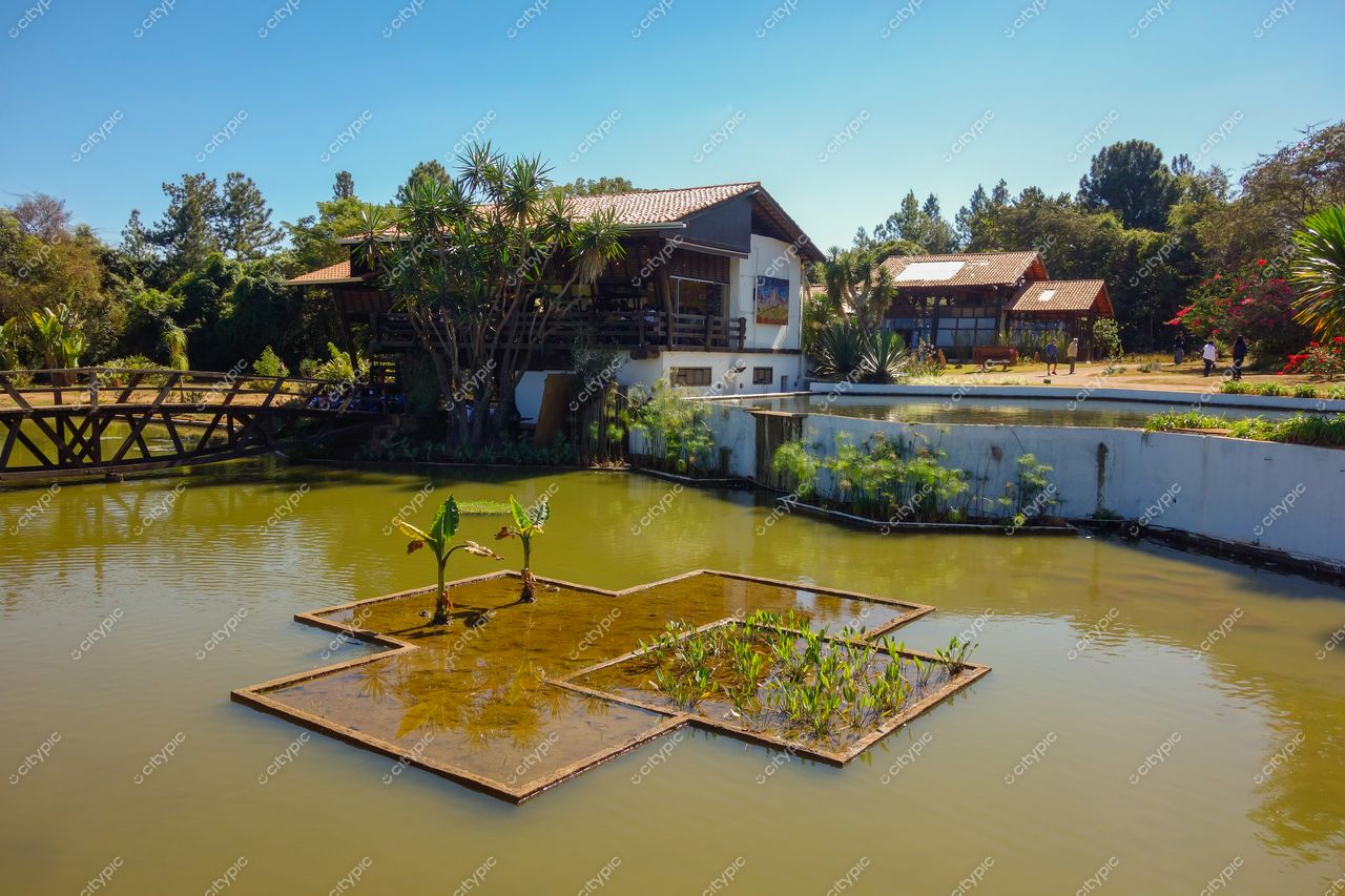Brasília, DF: Casa rústica à beira de um lago sereno