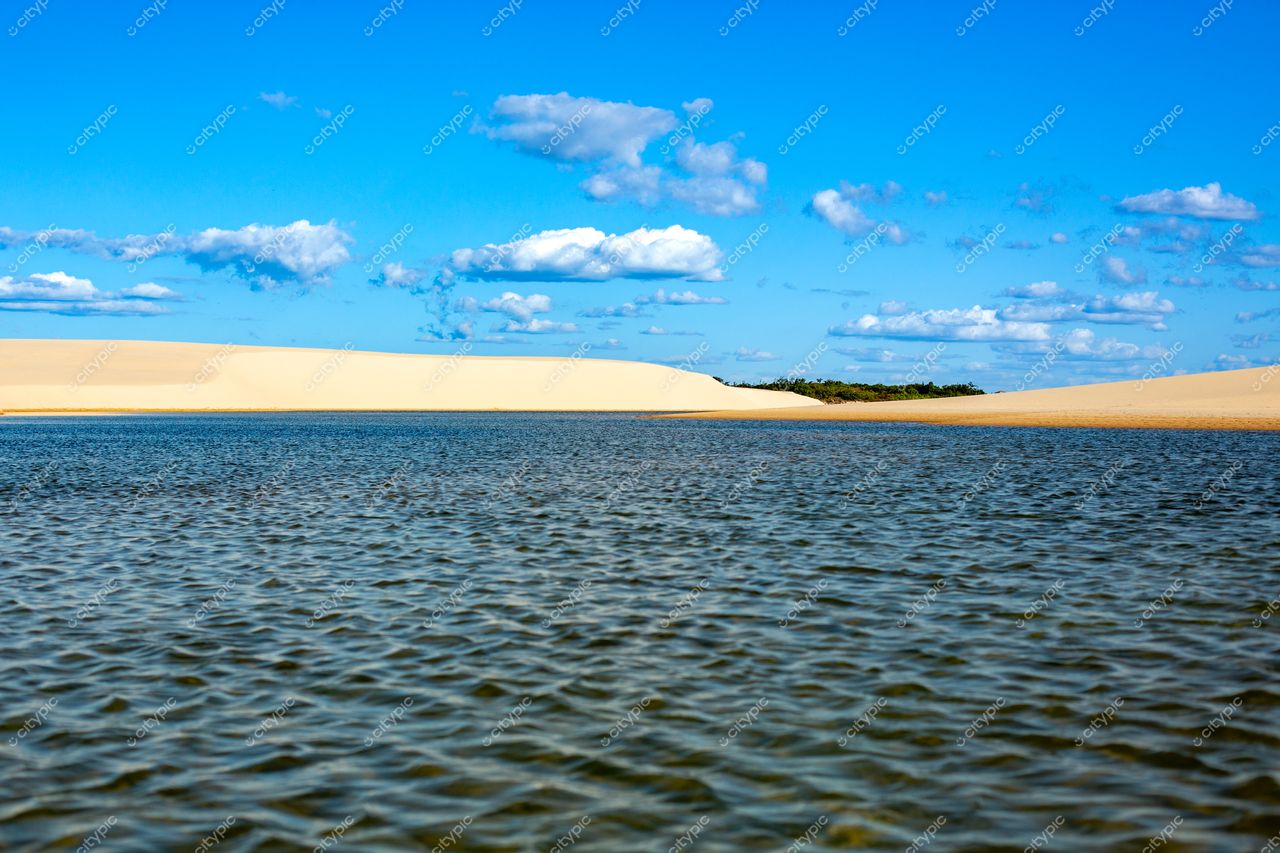 Tranquilidade refletida: a beleza serena de um lago entre dunas e vegetação