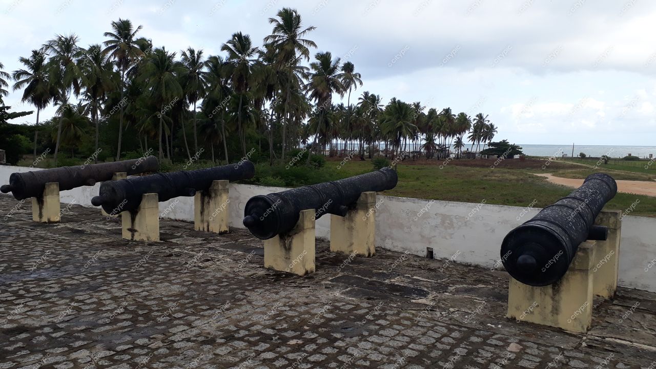 Tamandaré, Pernambuco, canhões sobre pedras com palmeiras ao fundo e mar distante sob céu parcialmente nublado