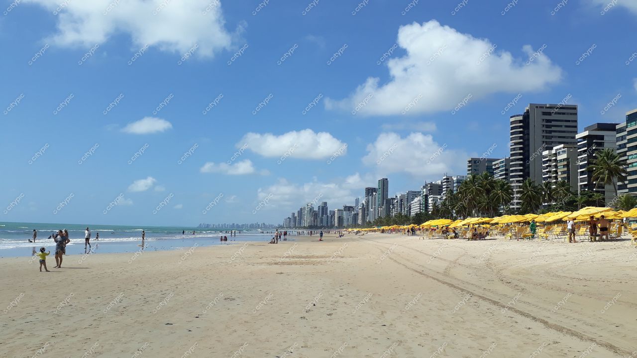 Recife, Pernambuco, praia com areia clara e espreguiçadeiras amarelas sob céu azul em dia ensolarado