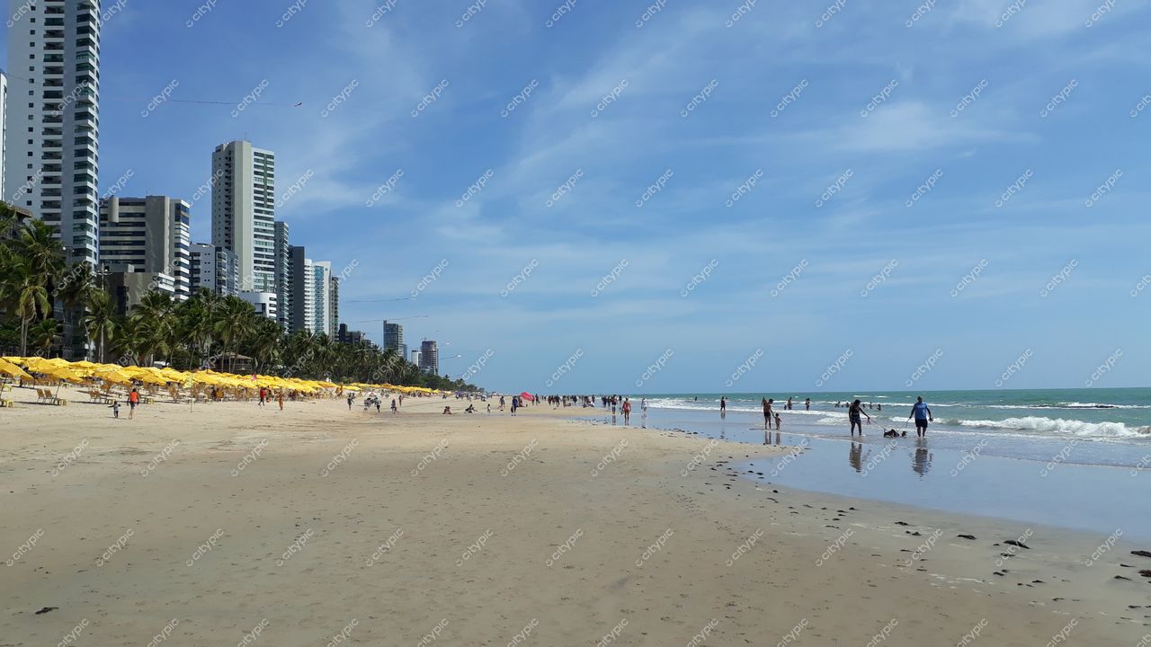 Recife, Pernambuco, praia com areia clara e fina, edifícios modernos ao fundo e guarda-sóis amarelos sob luz suave