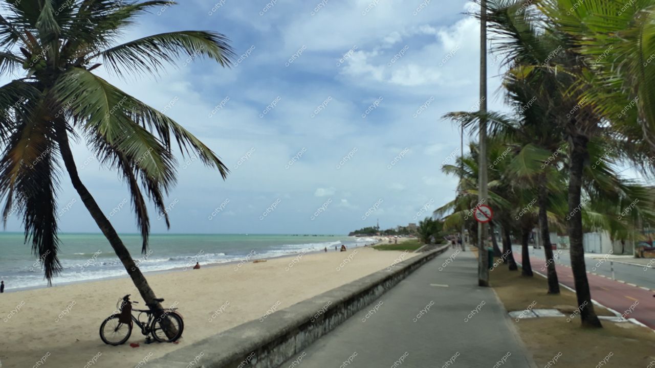 João Pessoa, Paraíba vista da orla com praia de areia clara e coqueiros em dia nublado e tranquilo