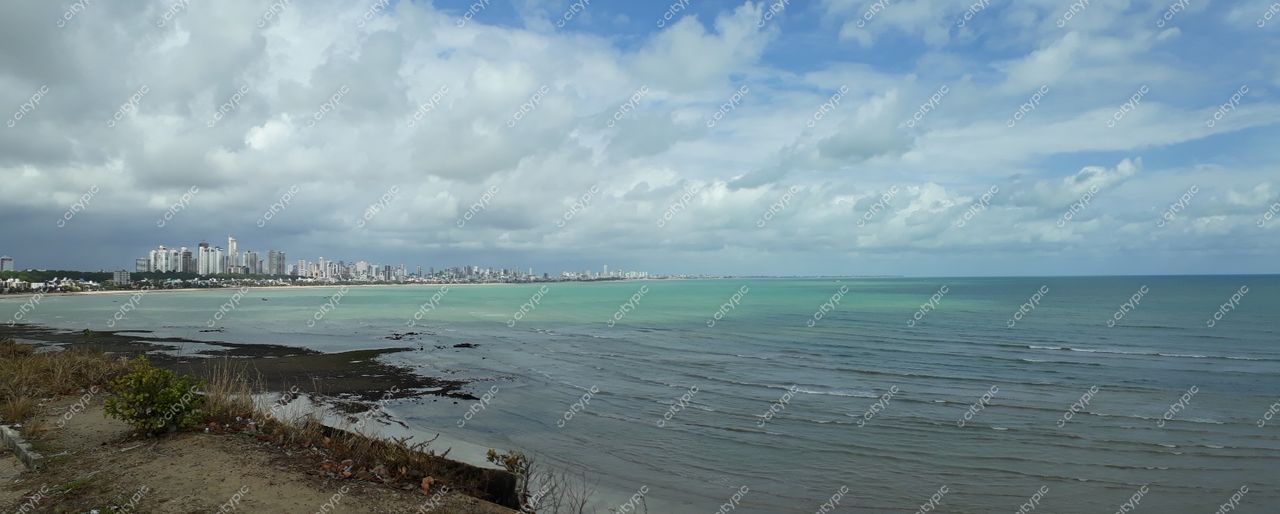 João Pessoa, Paraíba vista panorâmica da costa com prédios altos e vegetação em primeiro plano em tarde iluminada