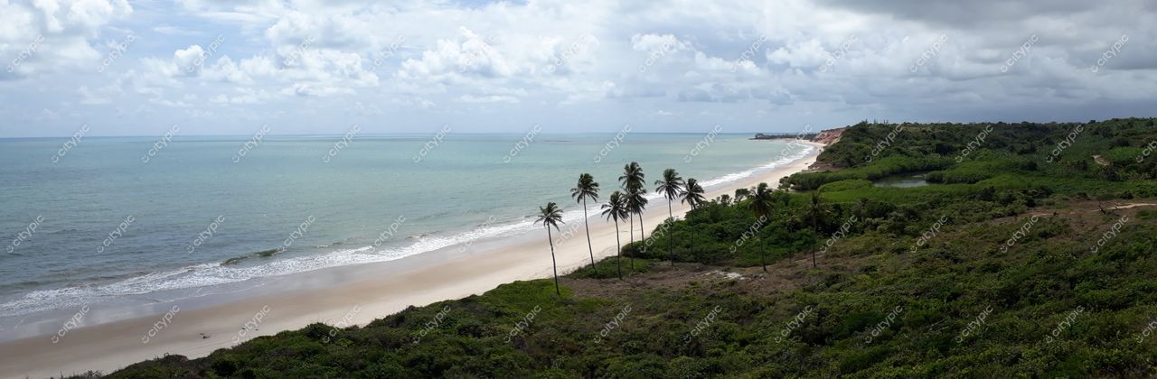 Conde, Paraíba vista panorâmica da costa com praia de areia clara, vegetação densa e falésias ao fundo