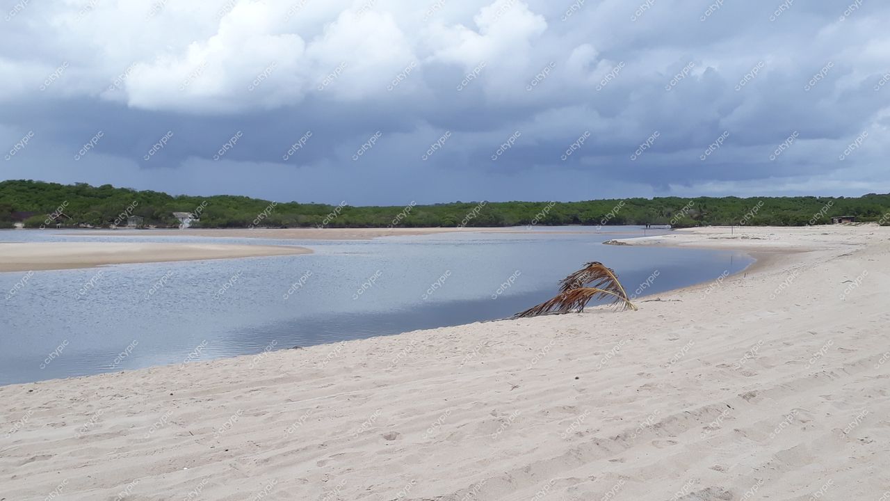 Conde, Paraíba, praia tranquila com areia clara e fina, vegetação de mangue ao fundo e céu nublado
