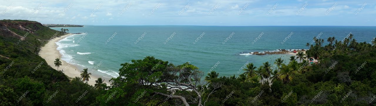 Conde, Paraíba vista panorâmica da praia com areia clara e vegetação densa sob céu parcialmente nublado durante o dia