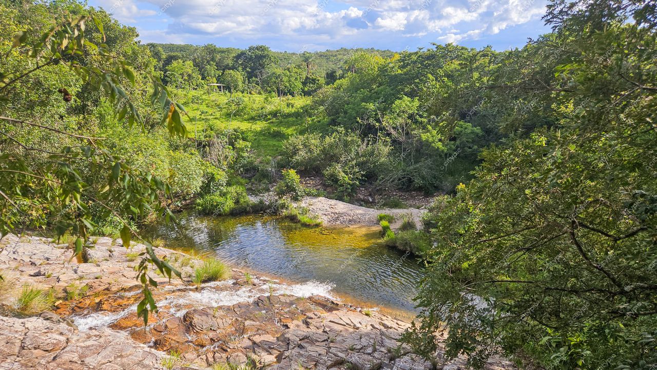 Serra da Canastra, Minas Gerais com correnteza sobre rochas e vegetação densa sob luz do sol parcial