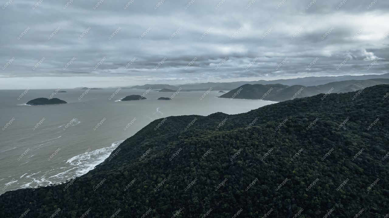 Lagoinha do Leste em Florianópolis com vegetação densa, céu nublado e ondas suaves na areia da praia