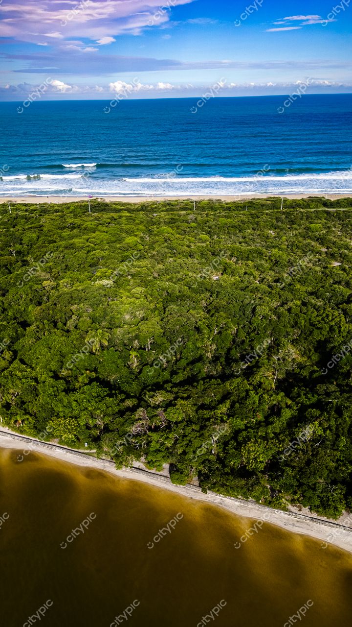 Morro das Pedras e Lagoa do Peri em Florianópolis com vegetação densa e céu claro em dia tranquilo
