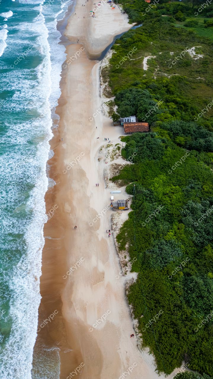 Campeche em Florianópolis com vegetação densa, pessoas caminhando na areia e luz difusa em dia nublado