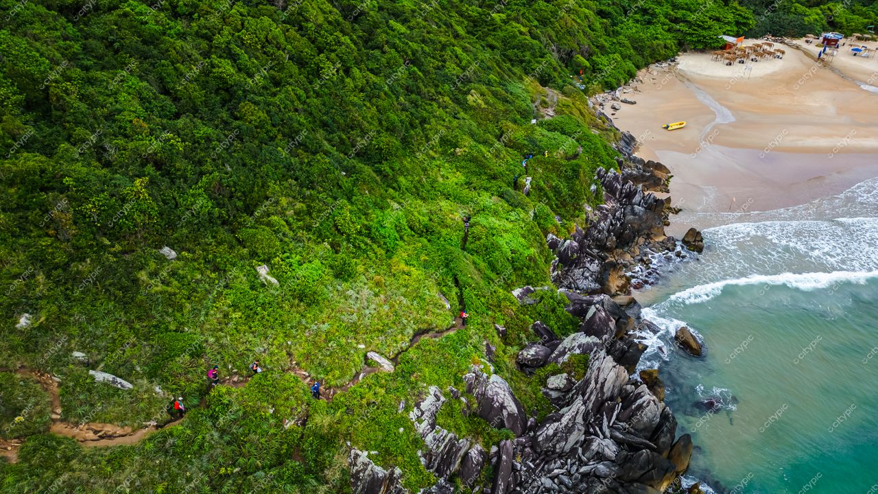 Lagoinha do Leste em Florianópolis com vegetação densa, praia clara e caiaque em água calma durante o dia