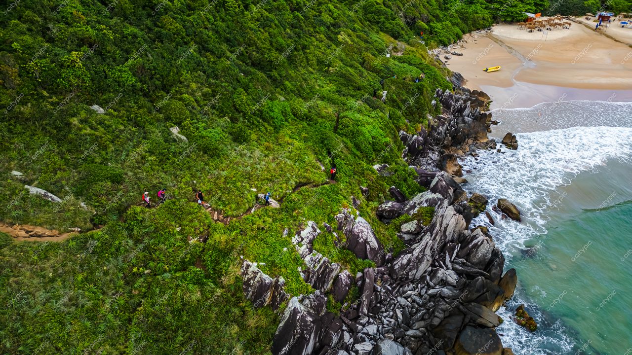Lagoinha do Leste em Florianópolis com trilha sinuosa, vegetação densa e praia ao fundo em dia nublado
