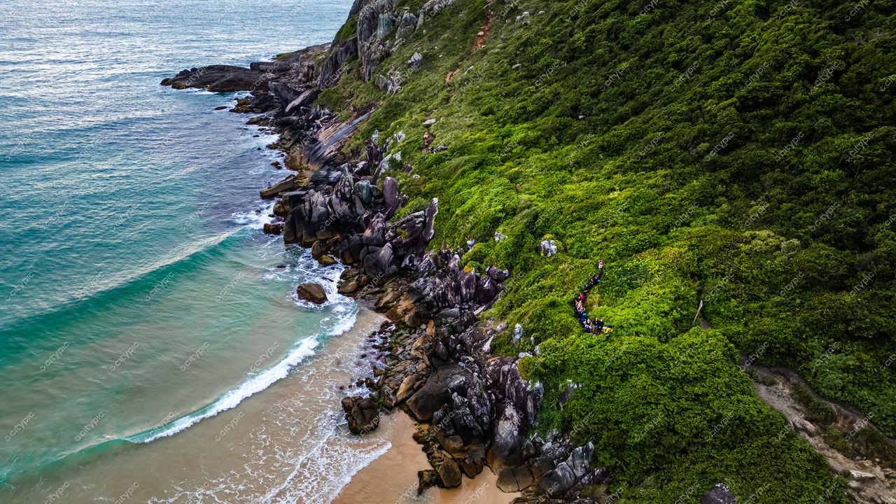 Lagoinha do Leste em Florianópolis com vista aérea da praia, vegetação densa e iluminação suave do final da tarde