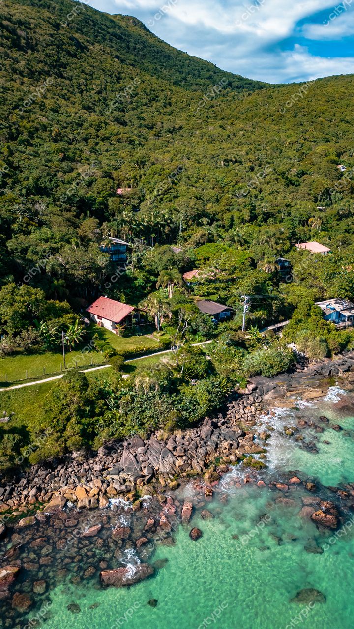 Lagoinha do Leste em Florianópolis com vista aérea destacando vegetação densa, casas simples e mar em tons de verde e azul