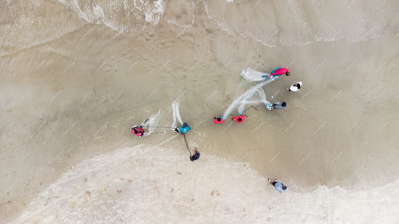 Florianópolis, Santa Catarina, grupo de pessoas pescando com redes em praia de areia clara em dia ensolarado