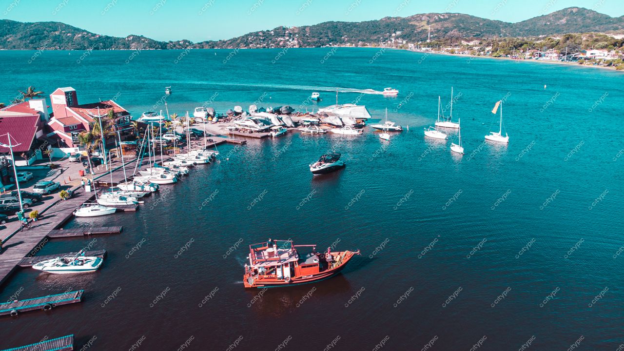 Florianópolis, Santa Catarina, porto com embarcações ancoradas e construções modernas cercadas por vegetação tropical em dia claro