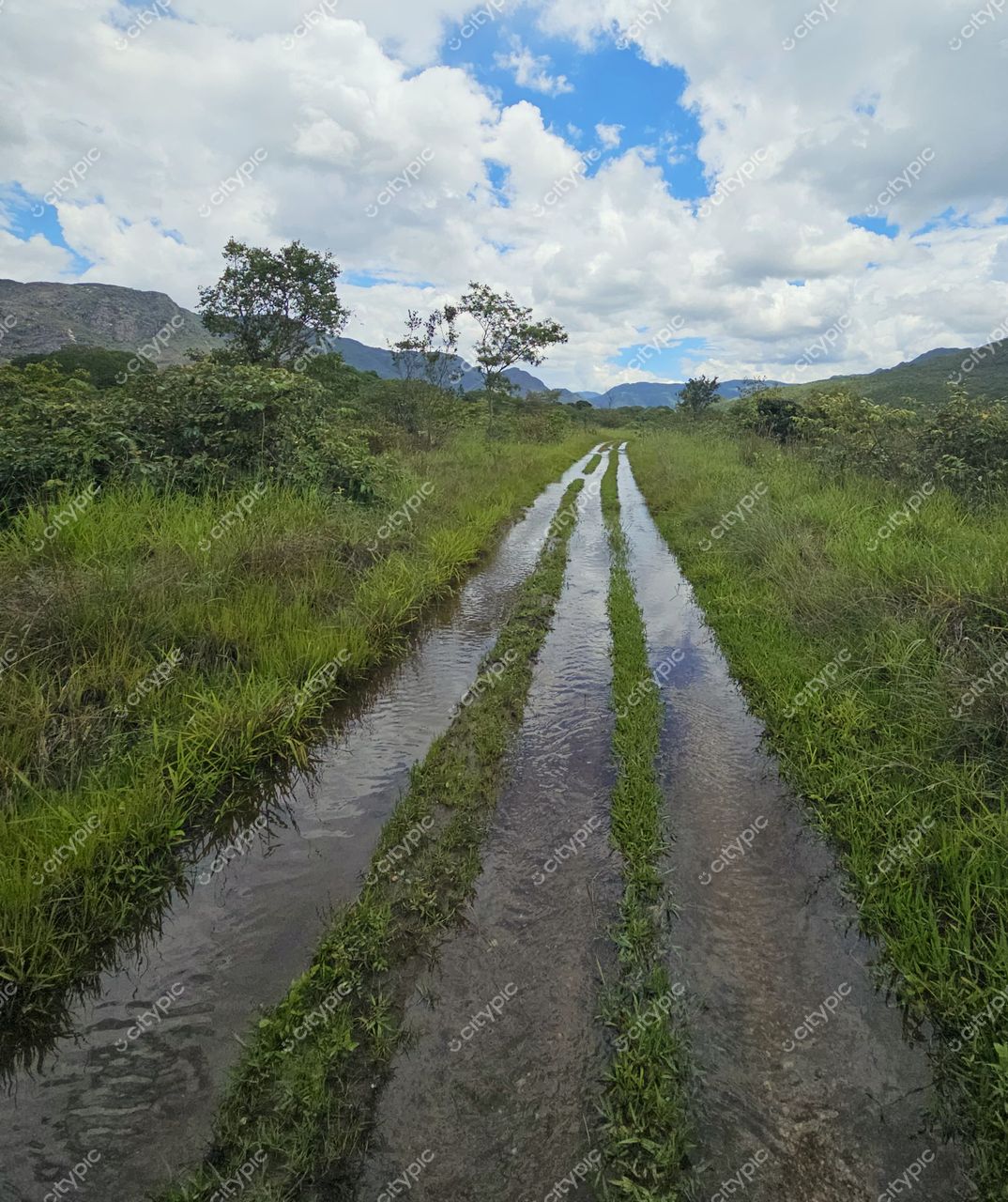 Santana do Riacho, Minas Gerais, estrada não pavimentada com trilhas alagadas e vegetação densa sob céu parcialmente nublado