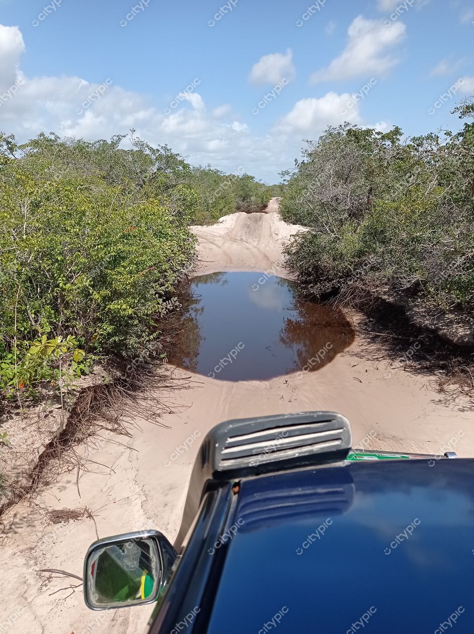 Barreirinhas, Maranhão, estrada de terra com poça refletindo céu nublado e vegetação densa nas laterais