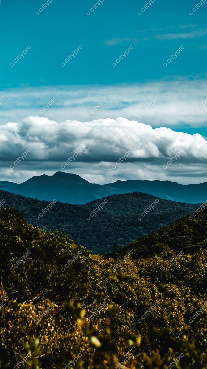 Lagoinha do Leste em Florianópolis com vegetação densa e montanhas em tons de azul sob céu claro diurno