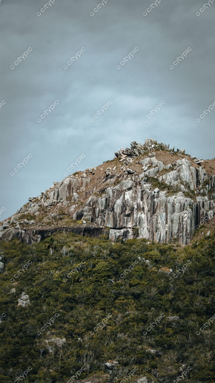 Lagoinha do Leste em Florianópolis com pico de rocha exposta e vegetação densa sob céu nublado e iluminação suave