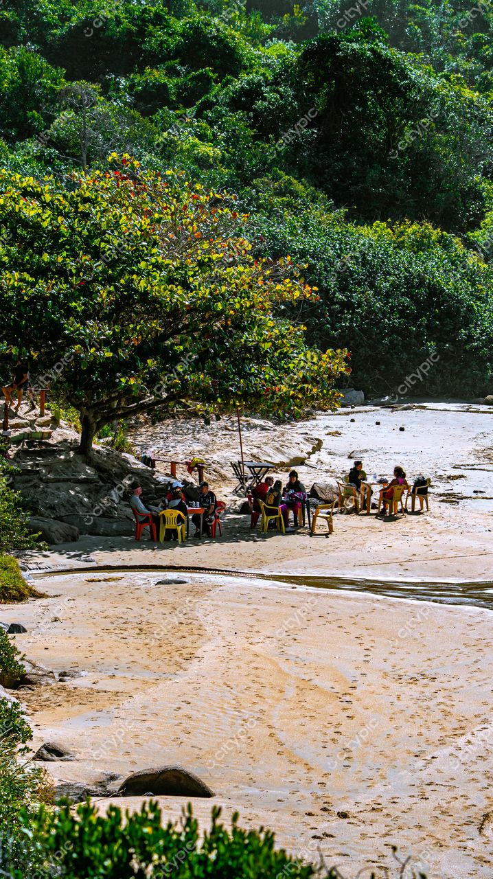 Lagoinha do Leste em Florianópolis com pessoas à beira da praia e cadeiras coloridas na areia clara