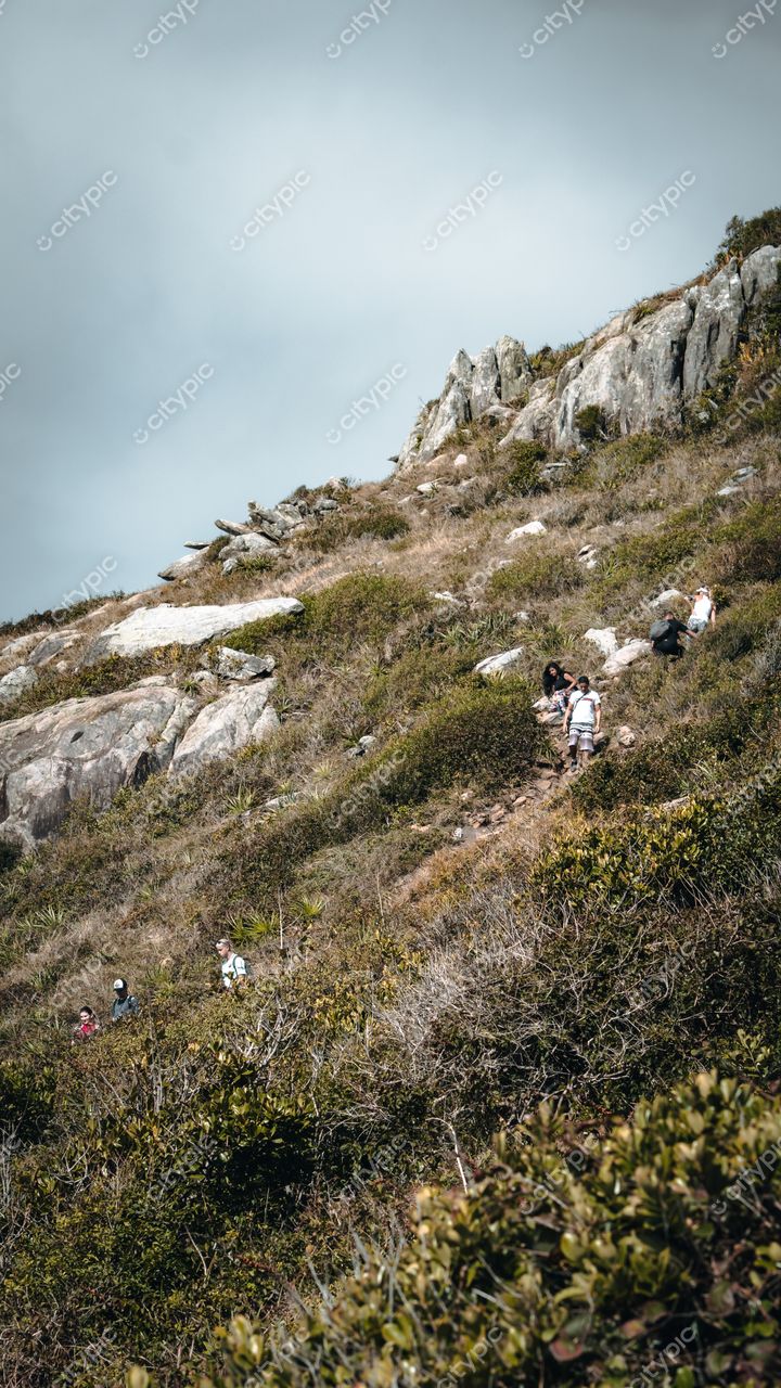 Lagoinha do Leste em Florianópolis com trilha montanhosa, vegetação rasteira e céu nublado em dia fresco