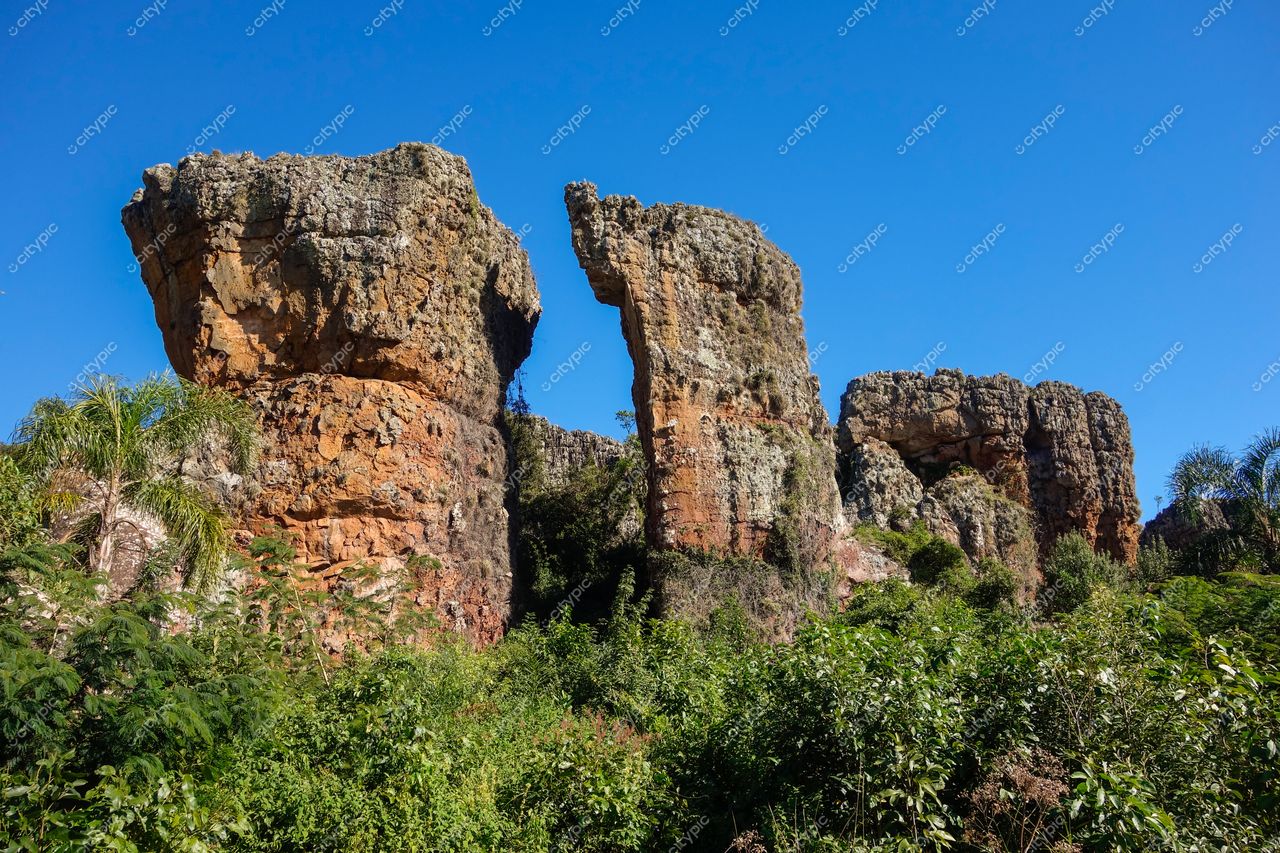 Ponta Grossa, Paraná formação rochosa imponente cercada por vegetação densa em dia ensolarado com céu azul claro