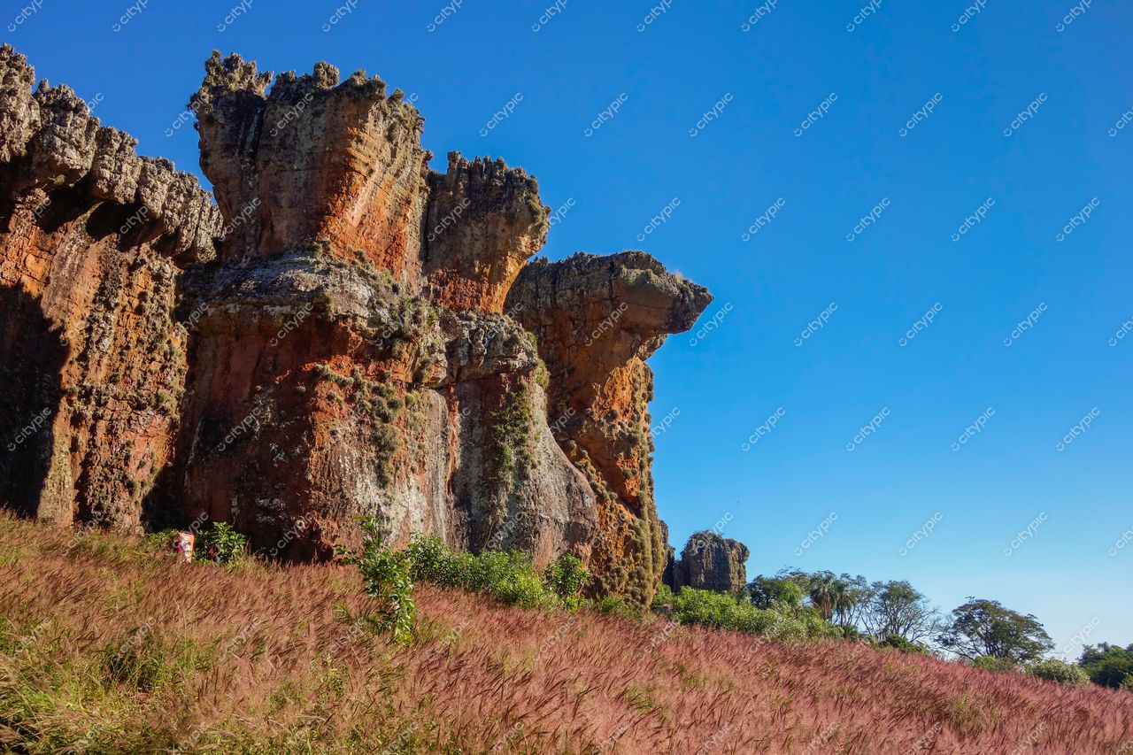 Ponta Grossa, Paraná, formações rochosas laranjas e cinzas sob céu azul em ambiente natural com vegetação avermelhada