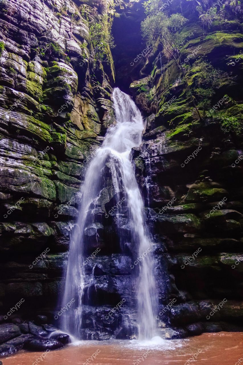 Ponta Grossa, Paraná, cachoeira com água fluindo sobre rochas musgosas em ambiente natural iluminado e tranquilo