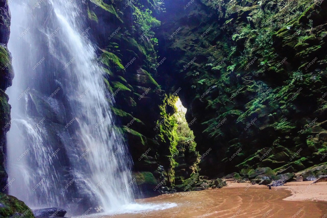 Ponta Grossa, Paraná, cachoeira em canyon com rochas musgosas e vegetação exuberante sob luz suave do amanhecer