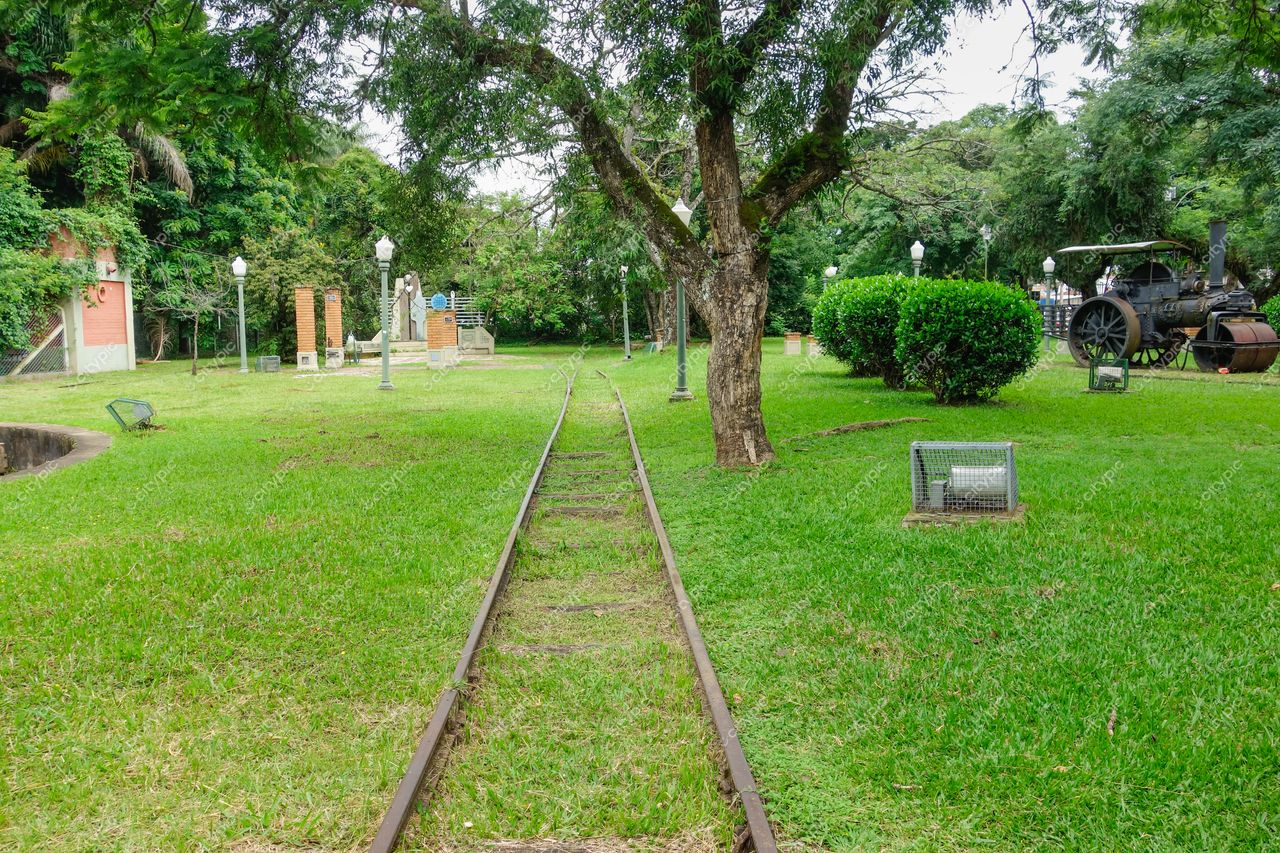 Poços de Caldas, Minas Gerais, parque com trilha de ferro, gramado verde e antiga máquina a vapor ao fundo