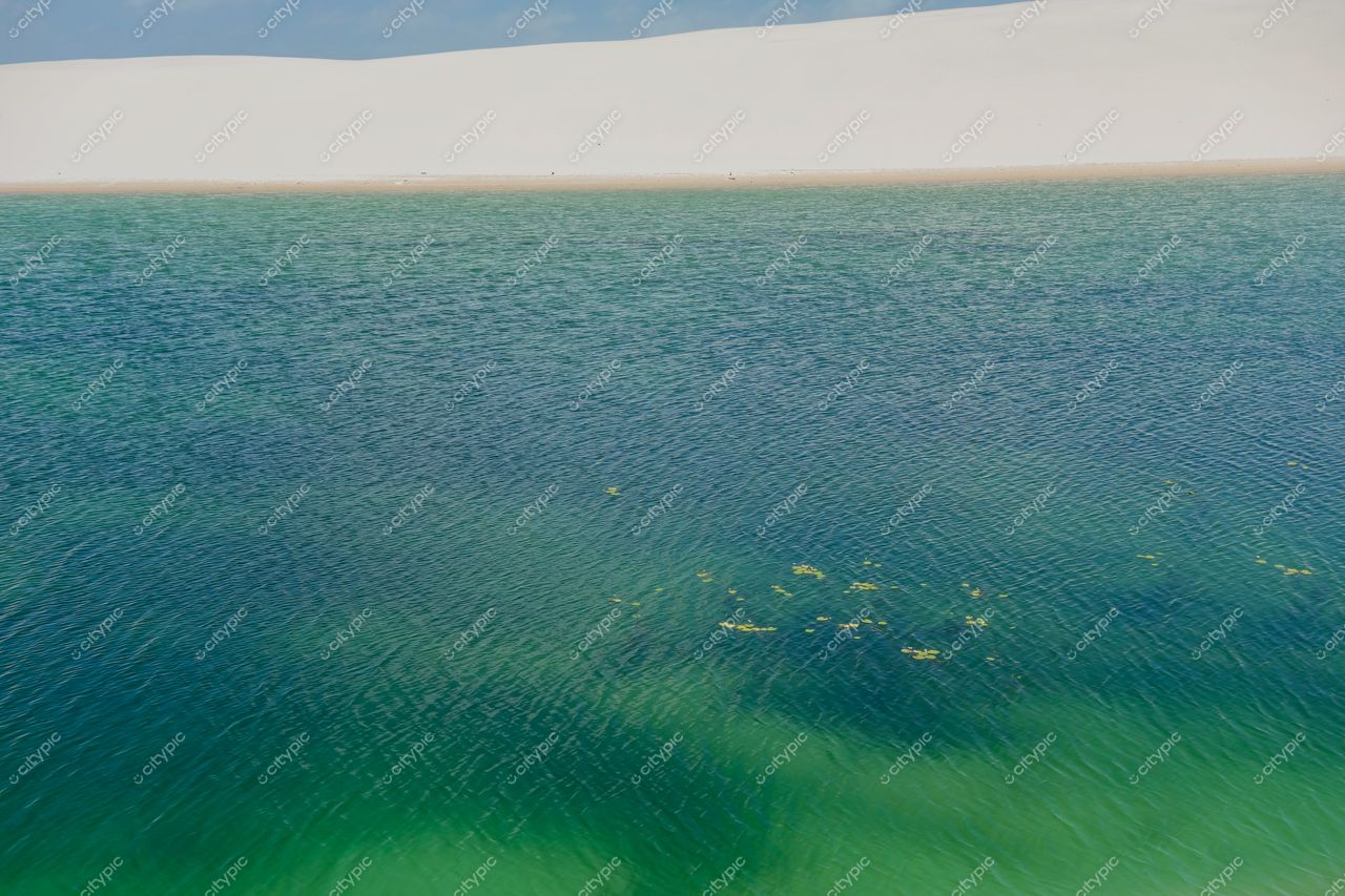 Lençóis Maranhenses, Maranhão, lagoa tranquila com reflexos de azul e verde sob luz do dia e dunas brancas ao fundo
