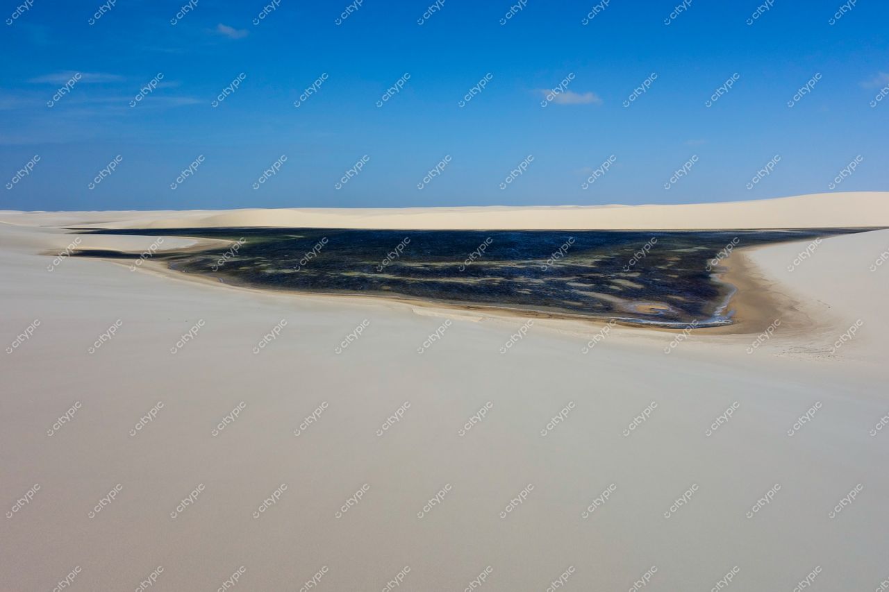 Lençóis Maranhenses, Maranhão, lagoa escura cercada por dunas claras e vegetação aquática sob céu azul com nuvens