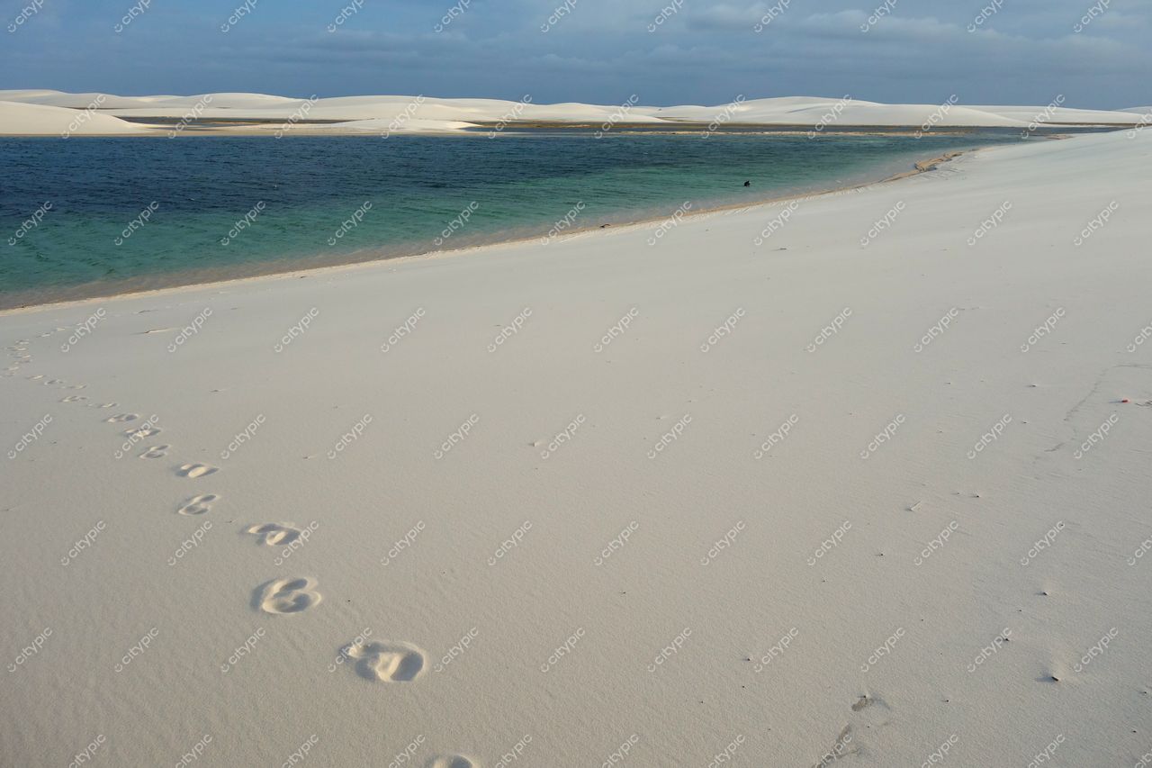 Lençóis Maranhenses, Maranhão, lagoa cristalina sob luz suave do entardecer com pegadas na areia e dunas onduladas