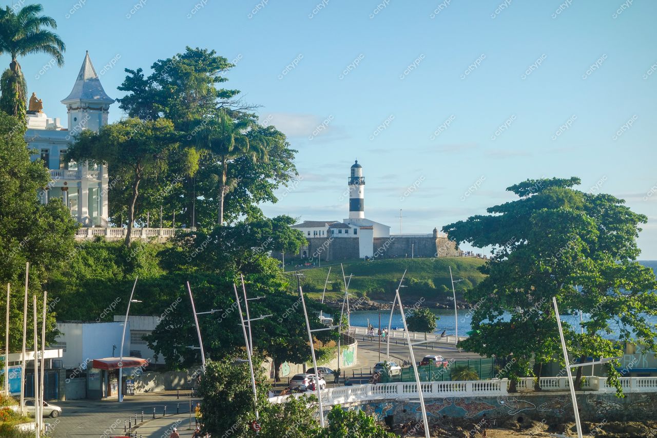 Salvador, Bahia vista do morro com farol branco e preto, arquitetura colonial, vegetação densa e tráfego urbano