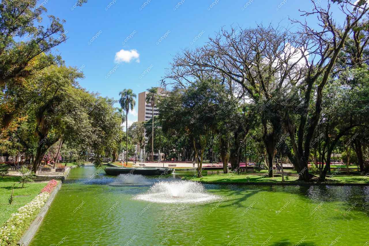 Curitiba, Paraná parque tranquilo com lago verde-esmeralda e fonte, vegetação densa e edificações urbanas ao fundo