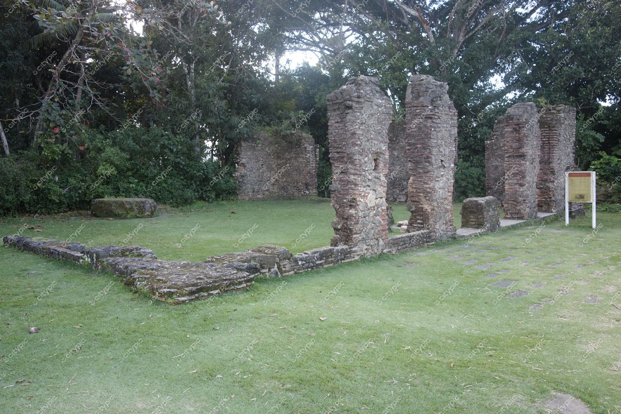 Santa Cruz Cabrália, Bahia, ruínas históricas com paredes de pedra e vegetação densa em iluminação suave do amanhecer