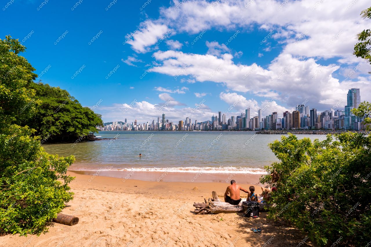 Balneário Camboriú, Santa Catarina com praia tranquila, vegetação verdejante e edifícios modernos sob céu claro e ensolarado