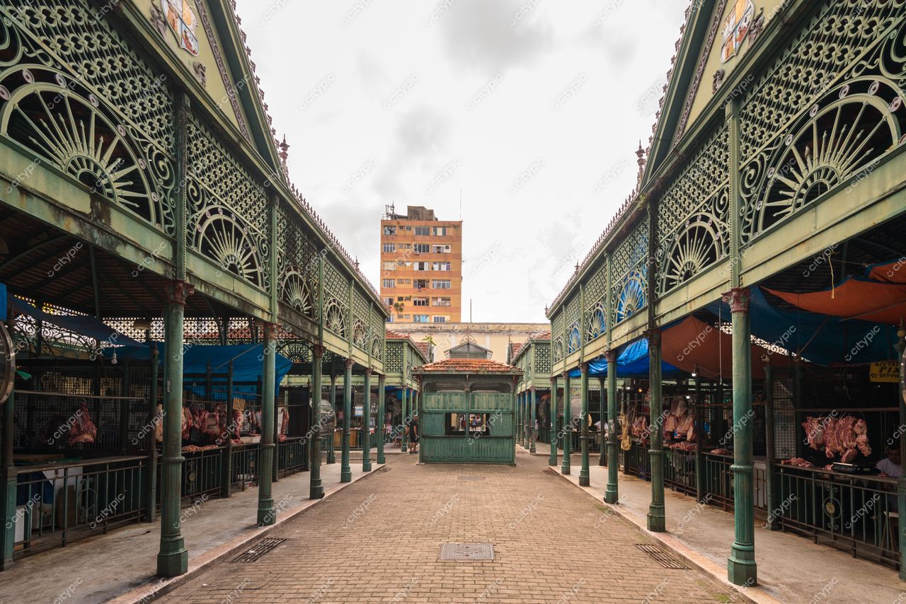 Belém, Pará mercado com estrutura de ferro e arcos elegantes iluminado por luz difusa do dia e prédio habitacional ao fundo