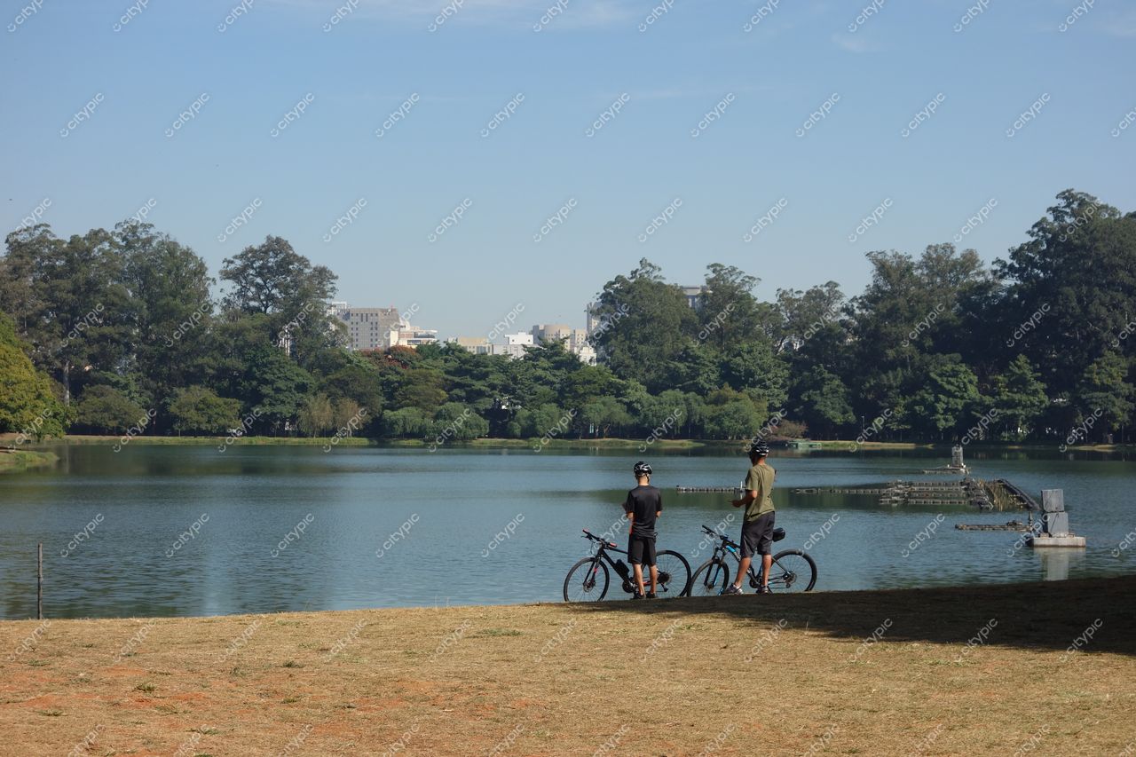 Parque Ibirapuera em São Paulo com ciclistas parados à beira do lago em dia ensolarado e vegetação densa ao fundo