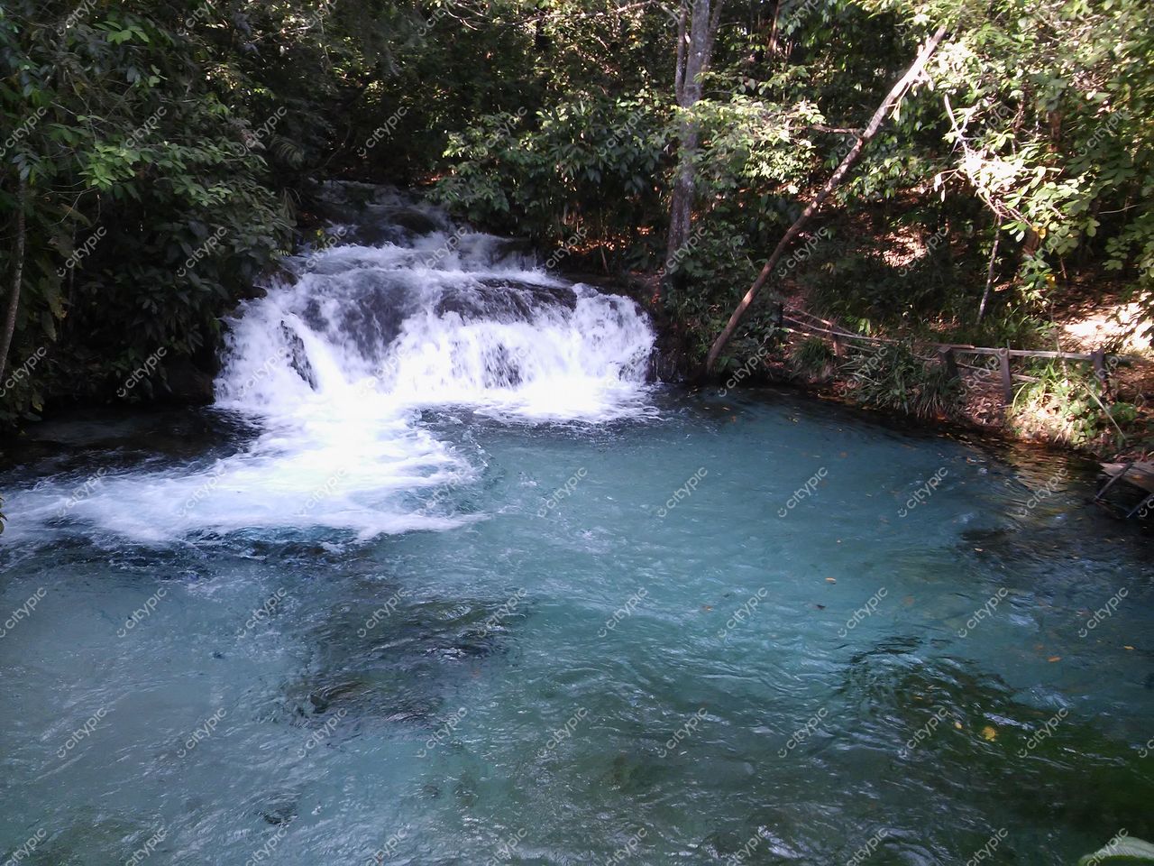 Jalapão, Tocantins, cachoeira com água clara em piscina natural cercada por vegetação densa em dia ensolarado