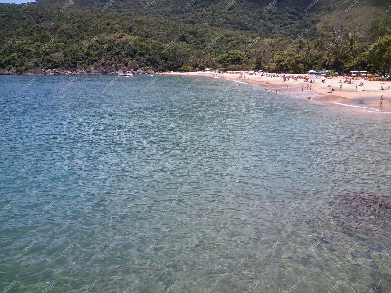Ilhabela, São Paulo com praia tranquila e águas transparentes sob céu claro, vegetação densa ao fundo e banhistas