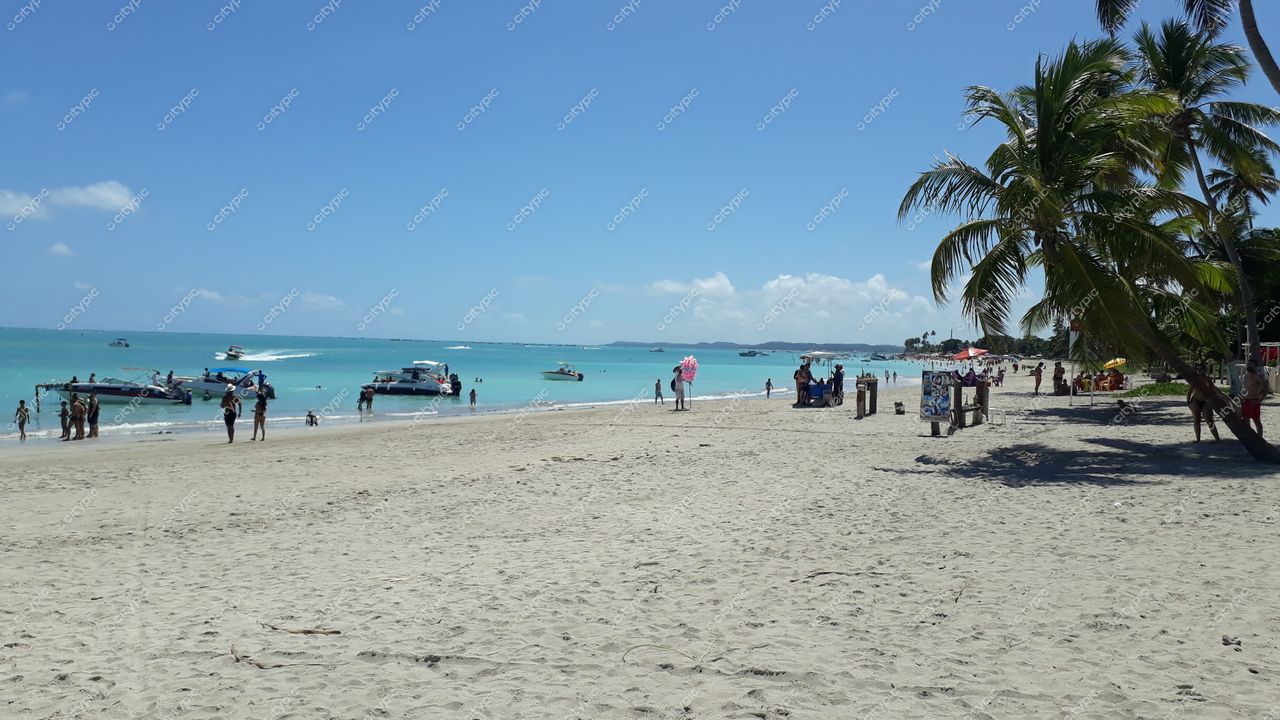 Maragogi, Alagoas com céu claro e ensolarado, embarcações ancoradas e pessoas na areia aproveitando o dia