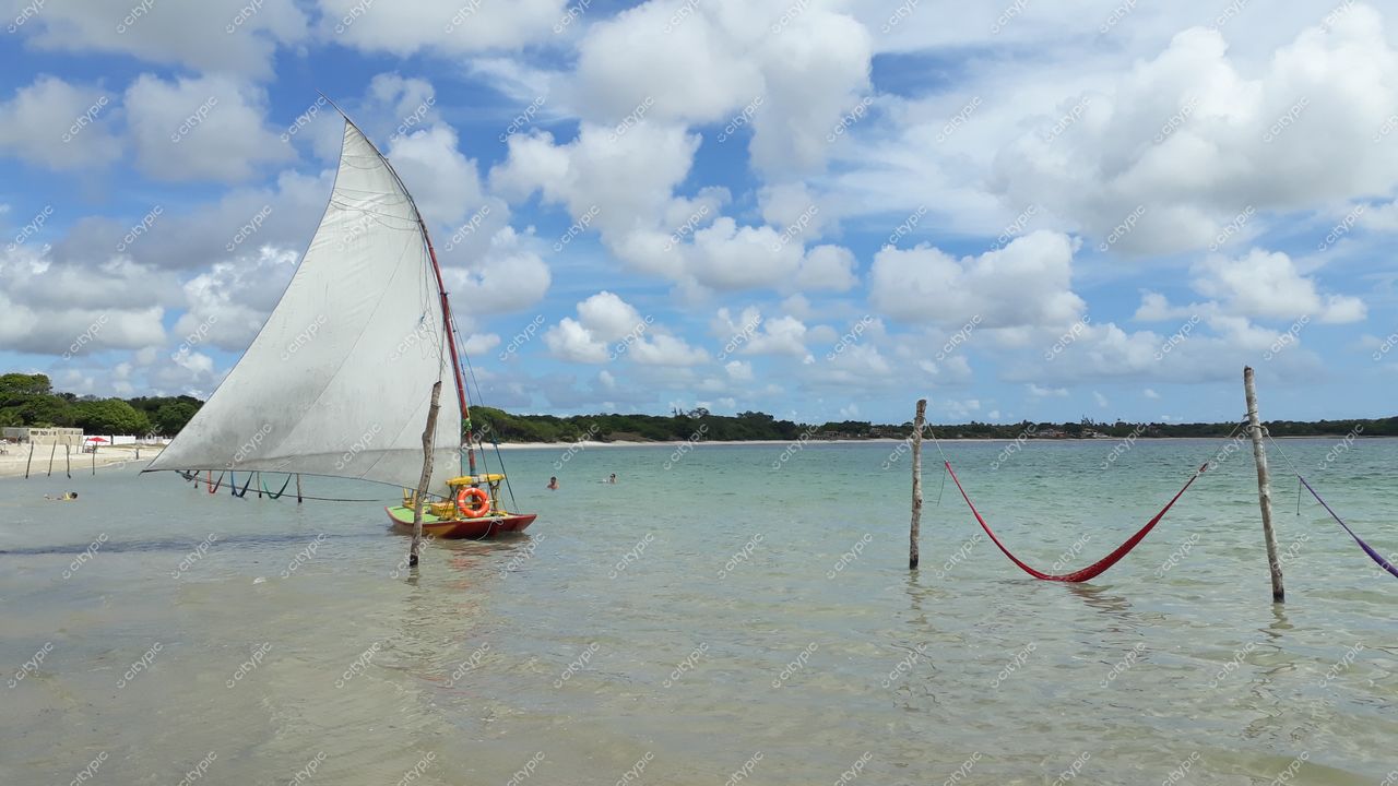 Nísia Floresta, Rio Grande do Norte com barco de vela em águas rasas e redes entre troncos na praia