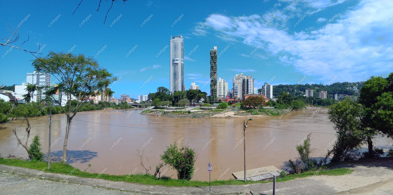 Blumenau, Santa Catarina vista panorâmica com rio de águas terrosas e prédios modernos sob céu azul claro