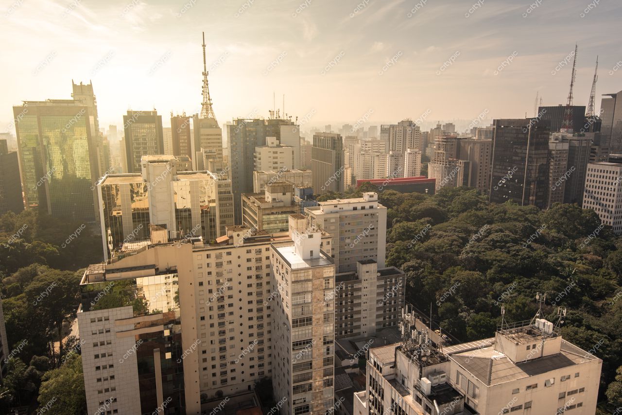 São Paulo, São Paulo, vista panorâmica do amanhecer com edifícios modernos e áreas verdes contrastantes na metrópole